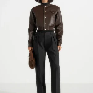 Zina - Leather Wide Shoulder Bomber Jacket - Brown