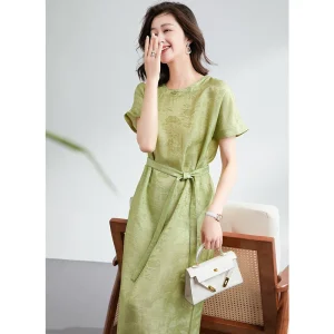 Vestido jacquard midi de seda para mujer cintura con cintura de manga corta de manga de seda verde